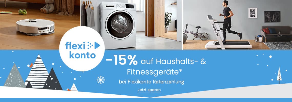 -15 % auf Haushalts- & Fitnessgeräte – Staubsaugerroboter, Waschmaschine, Mann joggt auf Laufband