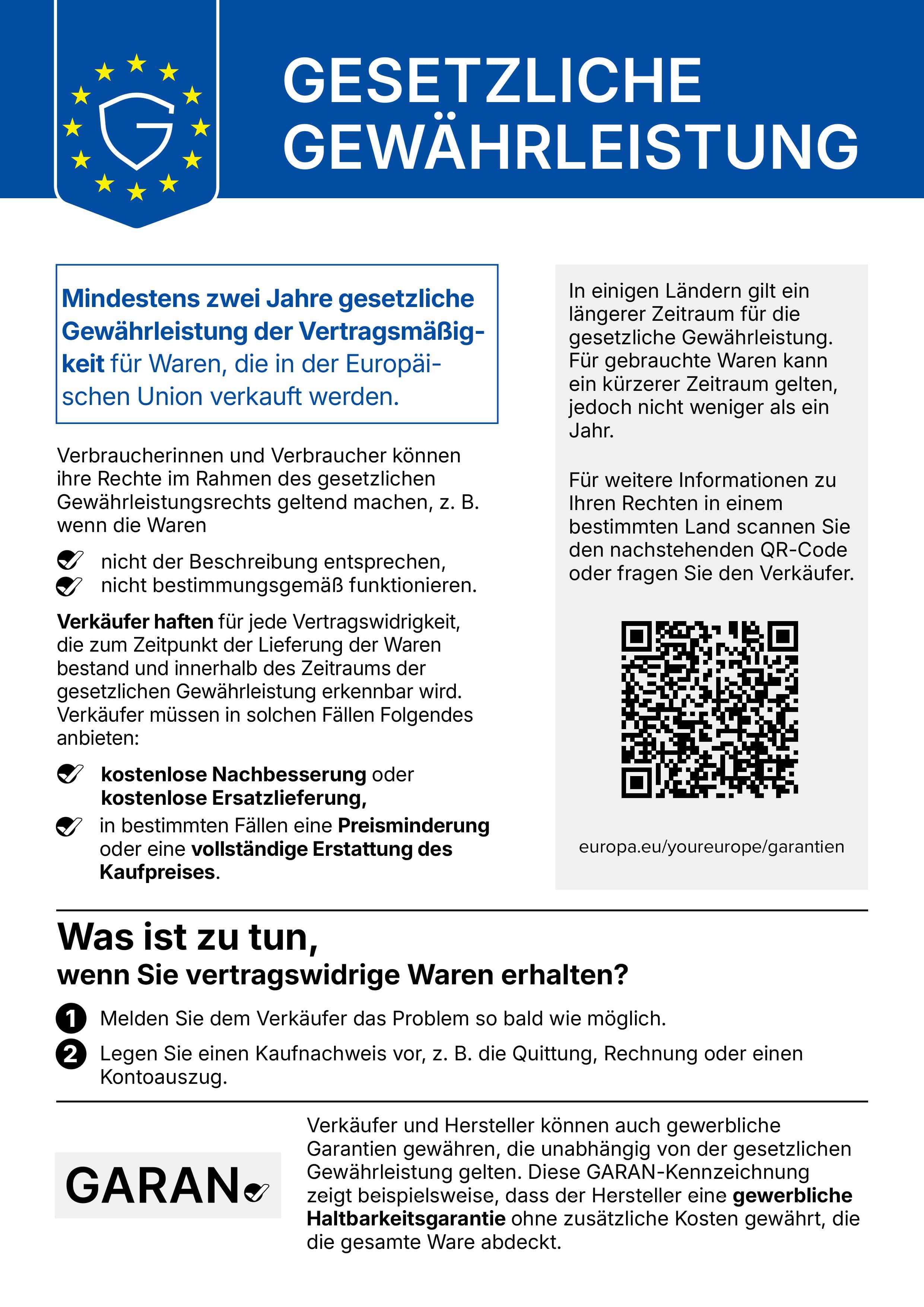 Gesetzliche Gewährleistung – Infografik zu Rechten bei mangelhaften Waren in der EU mit Hinweisen, QR-Code und GARAN-Symbol