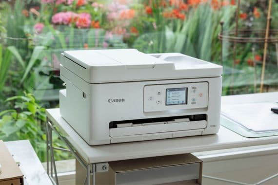 Canon Drucker auf einem Tisch, im Hintergrund grüne Pflanzen und Blumen.