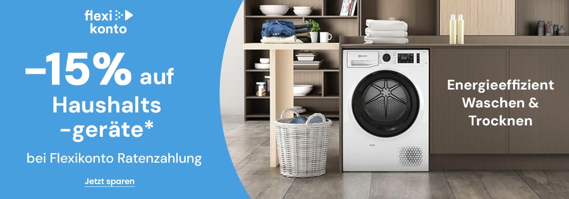 -15 % auf Haushaltsgeräte bei Flexikonto Ratenzahlung – moderner Waschtrockner in Küche mit Wäschekorb