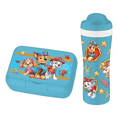 Blaue Jausenbox und Trinkflasche im PAW Patrol-Design