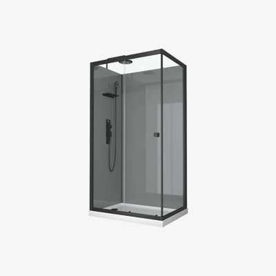 Quadratische Duschkabine mit schwarzem Rahmen, Glastüren und moderner Duscharmatur mit Handbrause und Regendusche