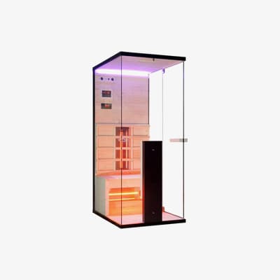 Moderne Glas-Infrarotkabine mit Holzinterieur und beleuchteter Steuerungseinheit