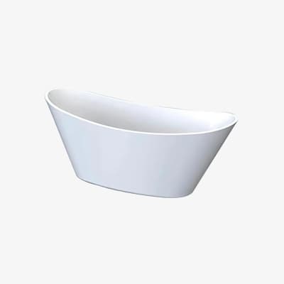 Weiße ovale Badewanne mit schrägen Seiten, auf weißem Hintergrund.