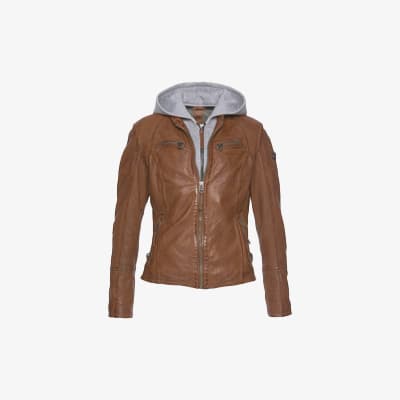 Braune Jacke mit Reißverschluss und grauer Kapuze, frontalansicht