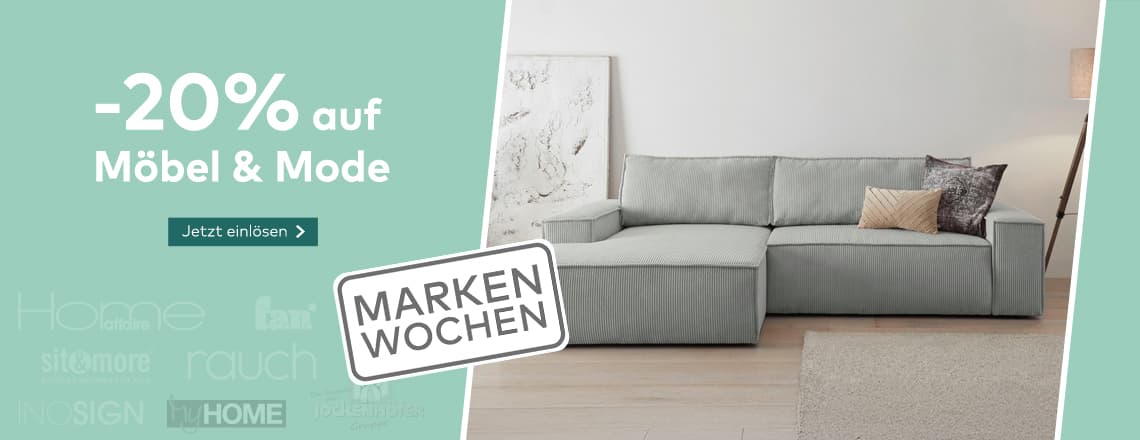 -20 % auf Möbel & Mode – Markenwochen, graues Ecksofa mit Kissen in hellem Wohnzimmer