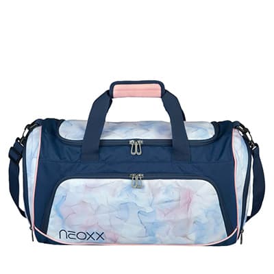 Hell- und dunkelblaue Sporttasche mit modernem Design und rosa Akzenten