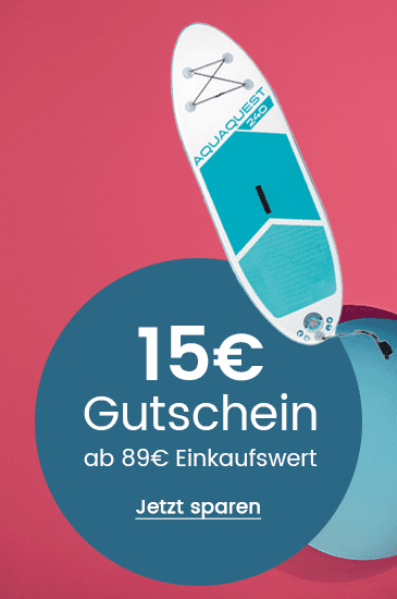 15€ Gutschein ab 89€ Einkaufswert – blaues SUP-Board vor pinkem Hintergrund, daneben Luftballon