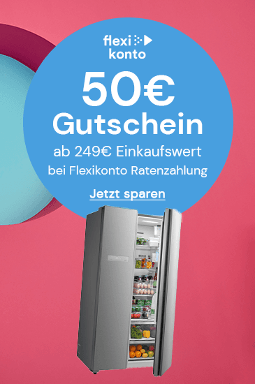 50€ Gutschein ab 249€ Einkaufswert bei Flexikonto Ratenzahlung – geöffneter Kühlschrank vor pink-blauem Hintergrund