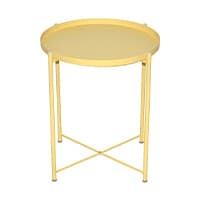Runder gelber Beistelltisch mit schmalen Beinen und runder Tischplatte