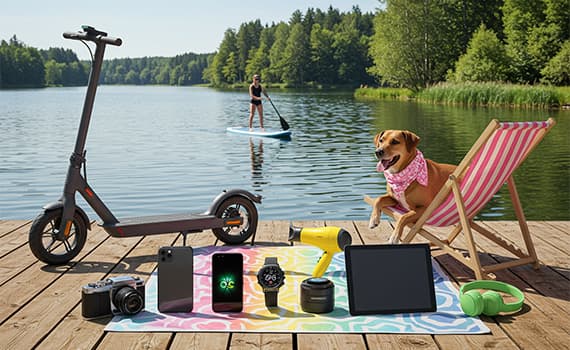 Technikprodukte auf Steg am See – E-Scooter, Kamera, Smartphone, Smartwatch, Tablet, Kopfhörer, Hund im Liegestuhl, Frau auf Paddleboard