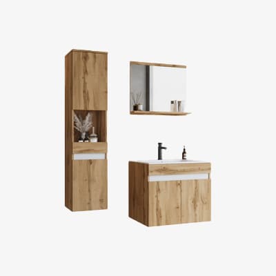 Holz-Badezimmermöbel-Set mit hohem Schrank, Spiegel und Waschbeckenunterschrank mit Dekoration und schwarzer Armatur