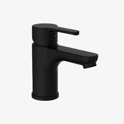 Schwarze Einhebel-Waschtischarmatur mit modernem Design und seitlichem Hebel auf weißem Hintergrund