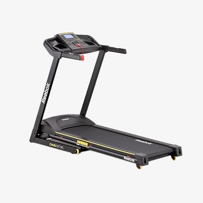 Reebok Laufband One GT30 mit Display und Haltegriffen, schwarzes Design mit gelben Akzenten