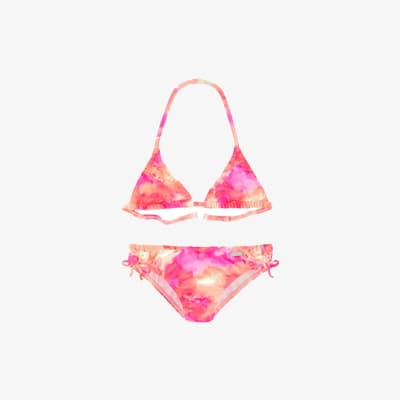 Bikini mit rosa und orangefarbenem Muster, bestehend aus Triangel-Oberteil und Höschen mit seitlichen Schleifen