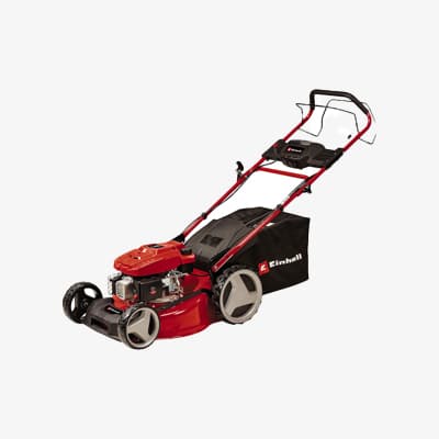 Roter Einhell Rasenmäher mit schwarzem Fangkorb und großen Rädern auf weißem Hintergrund