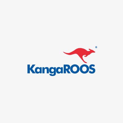 KangaROOS Logo – rotes Känguru über blauem Schriftzug auf weißem Hintergrund