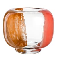 Runde Glasvase mit zwei Farbstreifen in Braun und Rot, die sich entlang der Seiten erstrecken.