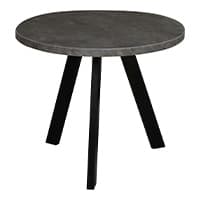 Runder Tisch mit schwarzer Platte und drei schrägen, schwarzen Beinen