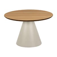 Runder Tisch mit breiter, konischer Basis und glatter, holzfarbener Tischplatte