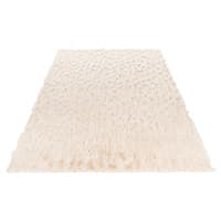 Hellbeiger Teppich mit strukturierter Oberfläche und Fransen an den Rändern, rechteckig und flach auf dem Boden liegend.