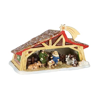 Krippenfigurenset – Stall mit Maria, Josef, Jesuskind und Tieren unter einem Sternenhimmel