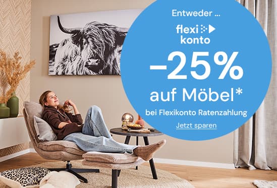 -25 % auf Möbel bei Flexikonto Ratenzahlung – Person entspannt auf einem Sessel in modernem Wohnzimmer mit großem Bild von einem Highland-Rind