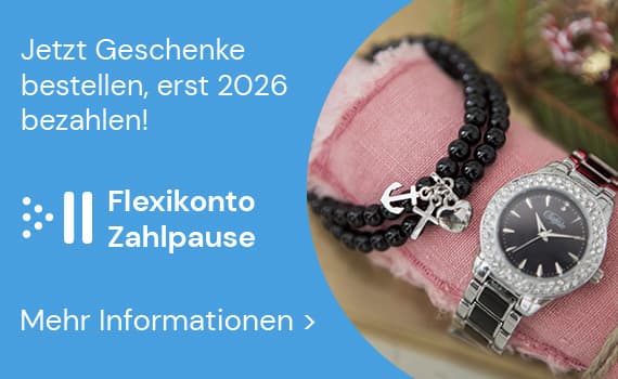 Jetzt Geschenke bestellen, erst 2026 bezahlen! Flexikonto Zahlpause – Schwarzes Armband und silberne Uhr auf rosa Stoff