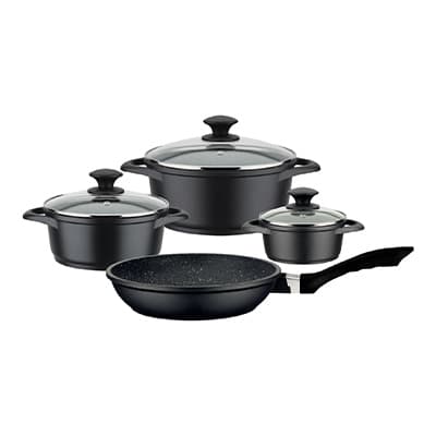 Schwarzes Kochgeschirr-Set aus zwei Töpfen mit Deckeln, einer hohen Pfanne mit Deckel und einer Bratpfanne ohne Deckel