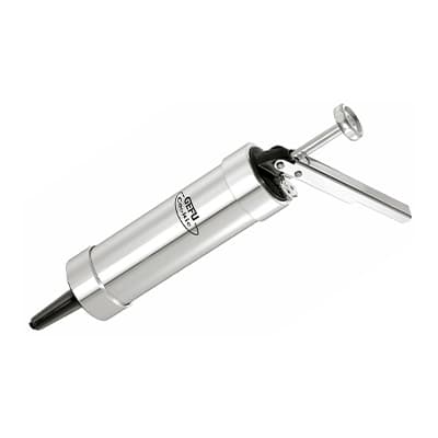 Gefu Logo – silberne Gebäckpresse mit Hebel und schwarzer Düse