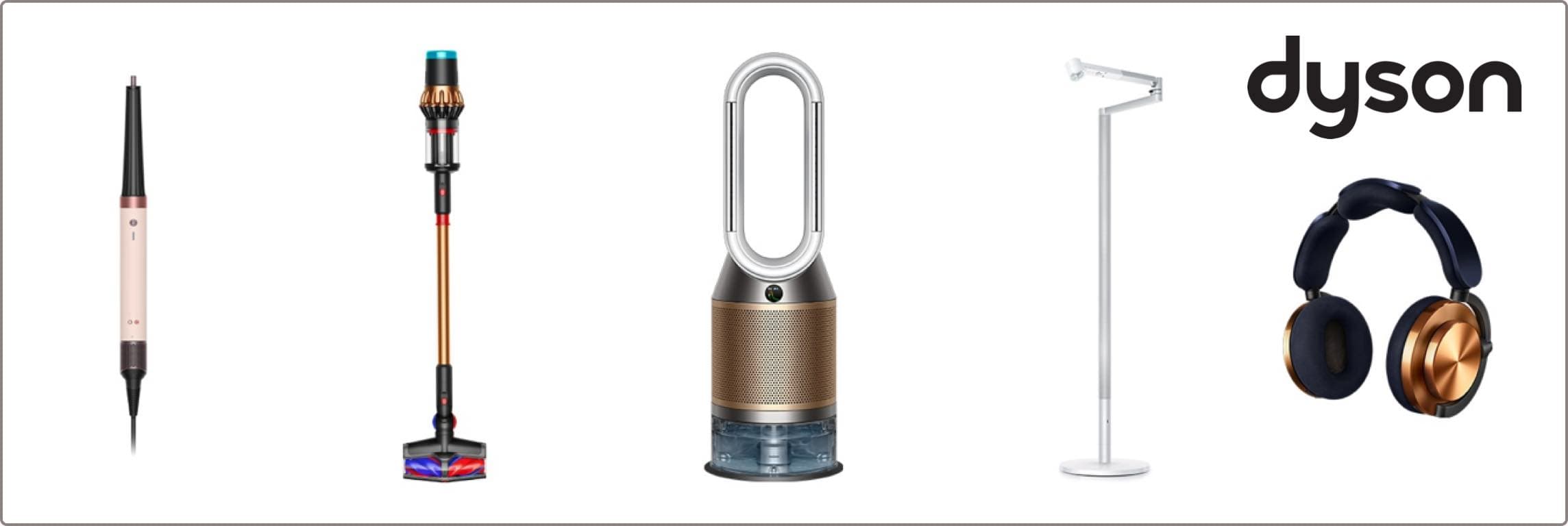 Dyson – Haarstyler, kabelloser Staubsauger, Luftreiniger, Lampe und Kopfhörer in Reihe auf weißem Hintergrund