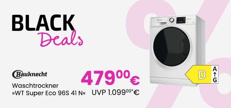 BLACK Deals – Bauknecht Waschtrockner »WT Super Eco 96S 4I N« für 479,00 € statt 1.099,00 € – Bild des weißen Waschtrockners