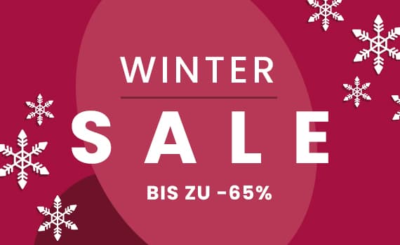 Winter Sale bis zu -65 % – roter Hintergrund mit Schneeflocken