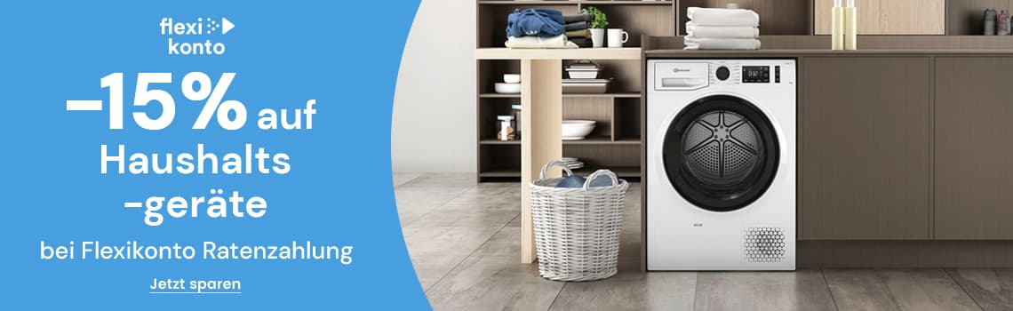 -15 % auf Haushaltsgeräte bei Flexikonto Ratenzahlung – Waschmaschine vor Holzregalen und Wäschekorb in modernem Raum