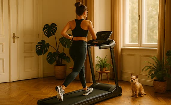 Frau joggt auf Laufband, Hund sitzt daneben im Zimmer mit Pflanzen und Fenster.