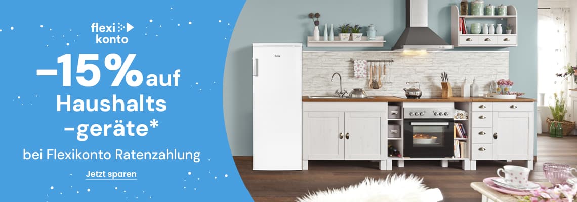 -15 % auf Haushaltsgeräte bei Flexikonto Ratenzahlung – gemütliche Küche mit weißem Kühlschrank und Herd