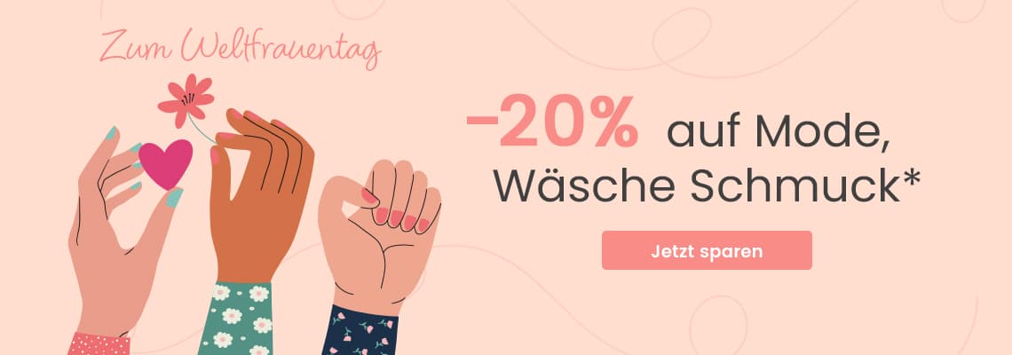 -20% auf Mode, Wäsche, Schmuck – Zum Weltfrauentag, drei verschiedene Hände halten Herz und Blume, Jetzt sparen.