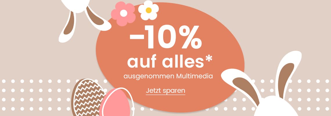 -10 % auf alles, ausgenommen Multimedia – Osterbanner mit Hasenohren, Blumen und bunten Eiern auf gepunktetem Hintergrund