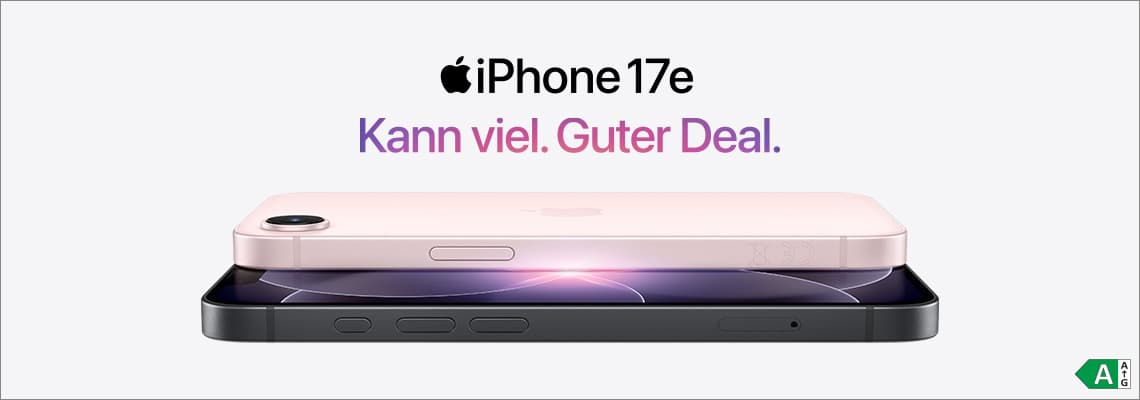 iPhone 17e – Kann viel. Guter Deal. Zwei iPhones übereinander, eins schwarz, eins rosa.
