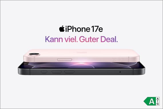 iPhone 17e – Kann viel. Guter Deal. Zwei iPhones übereinander, eines rosa, eines dunkel, seitlich von vorn gezeigt