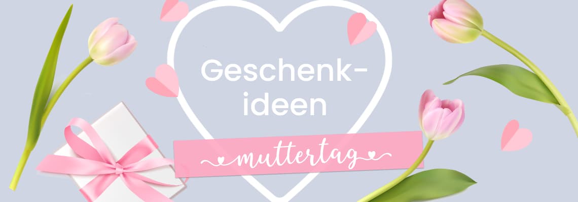 Geschenkideen Muttertag – Herzrahmen mit rosa Tulpen, Geschenkbox mit Schleife und fliegenden Herzkonfetti