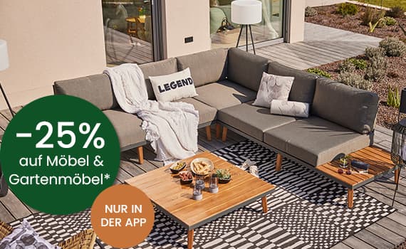 -25 % auf Möbel & Gartenmöbel, nur in der App – Eck-Loungegruppe auf Terrasse mit gedecktem Tisch und Kissen