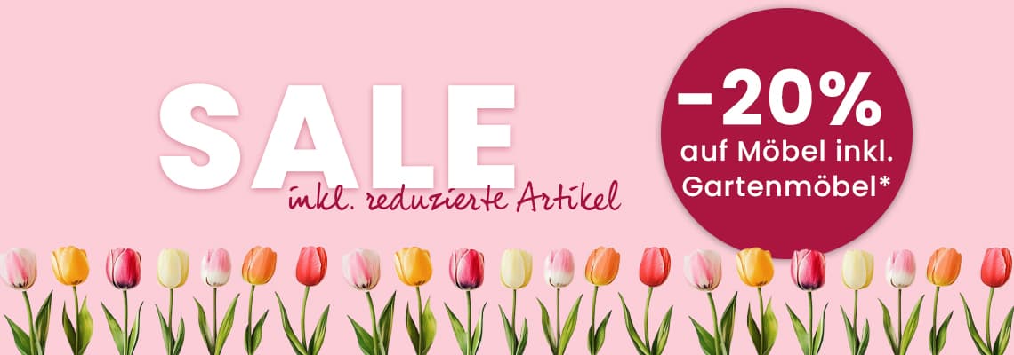-20 % auf Möbel inkl. Gartenmöbel – SALE inkl. reduzierte Artikel, Reihe bunter Tulpen vor rosa Hintergrund