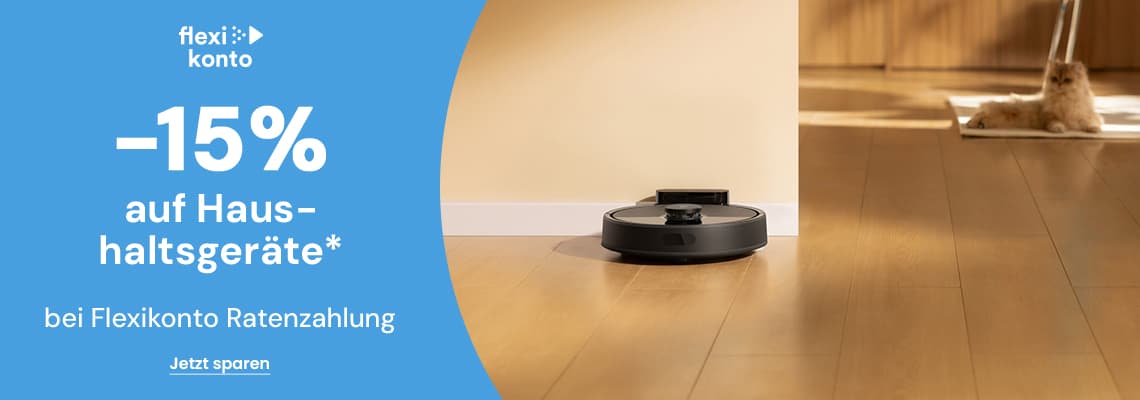 -15 % auf Haushaltsgeräte bei Flexikonto Ratenzahlung – Saugroboter fährt über Holzfußboden, Katze liegt im Hintergrund