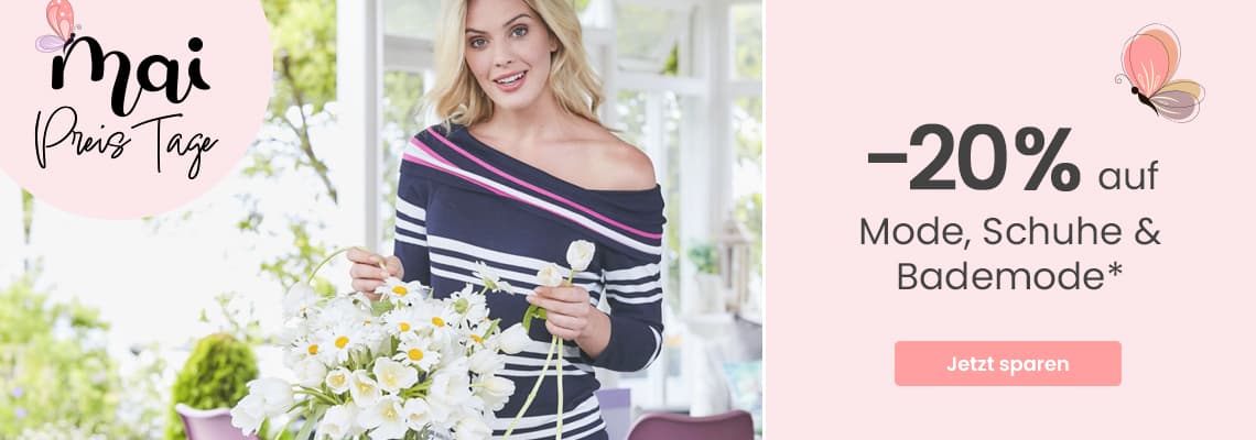 -20 % auf Mode, Schuhe und Bademode – Frau im gestreiften Kleid hält weißen Blumenstrauß in hellem Raum