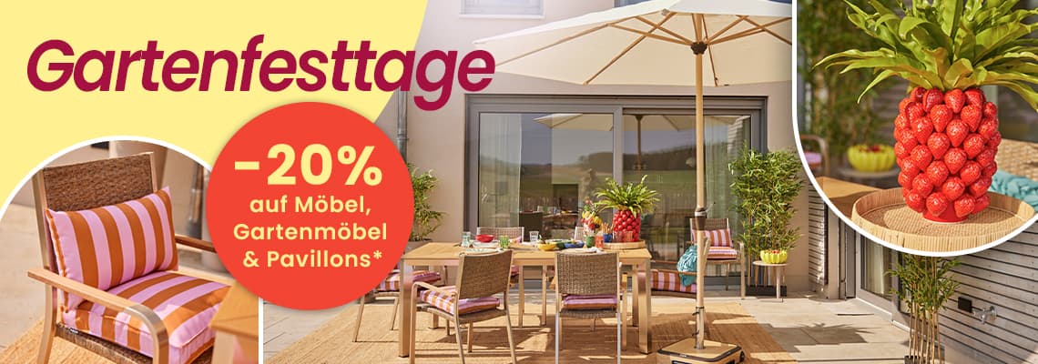 Gartenfesttage – 20 % auf Möbel, Gartenmöbel und Pavillons – gedeckter Gartentisch mit Stühlen und Sonnenschirm