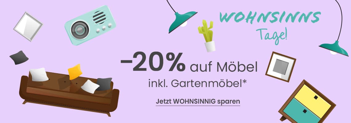 -20 % auf Möbel inkl. Gartenmöbel – bunte Wohnzimmermöbel und Deko schweben vor lila Hintergrund