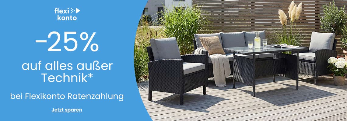-25 % auf alles außer Technik bei Flexikonto Ratenzahlung – Gartenlounge mit Tisch und Sesseln auf Holzterrasse