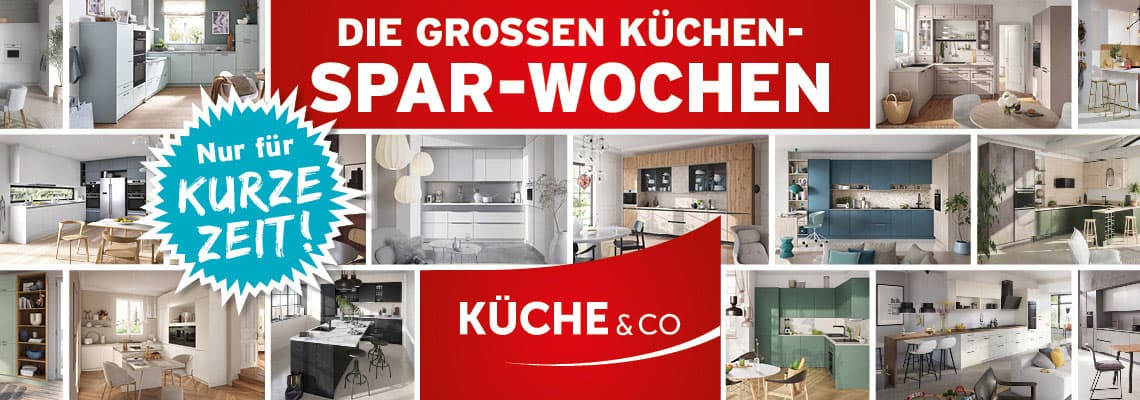 EINBAUKÜCHEN – individuell und kreativ geplant, moderne Küchenbeispiele mit Essbereichen und KüCHE&CO Logo