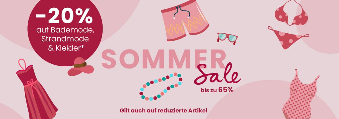 -20 % auf Bademode, Strandmode und Kleider – Sommer Sale bis zu 65 %, Illustration mit Badekleidung und Accessoires